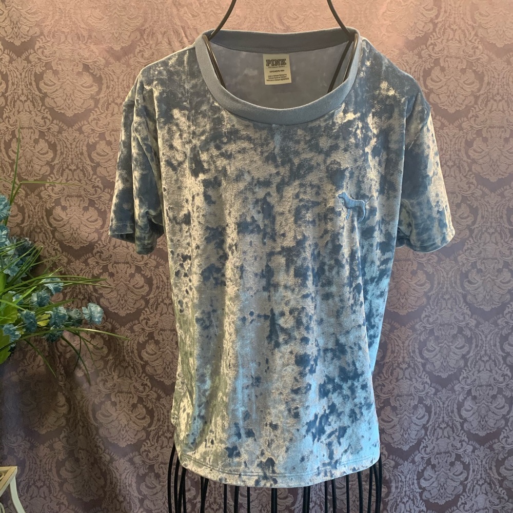 Pink Crushed Velvet T-Shirt Short Sleeve Dog Logo Light Blue Cozy Soft